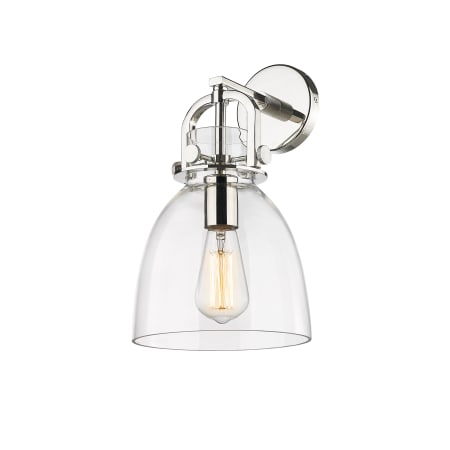 A large image of the Innovations Lighting 410-1W-15-8 Newton Bell Sconce Polished Nickel / Clear