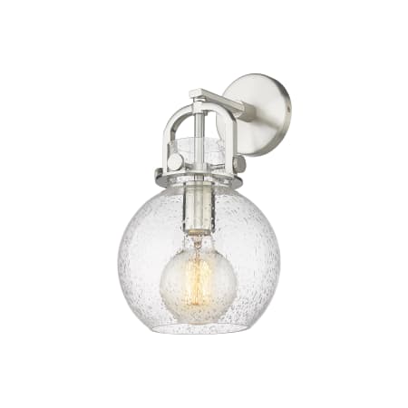 A large image of the Innovations Lighting 410-1W-14-8 Newton Sphere Sconce Satin Nickel / Seedy