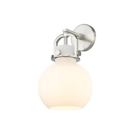 A large image of the Innovations Lighting 410-1W-5-8 Newton Sphere Sconce Satin Nickel