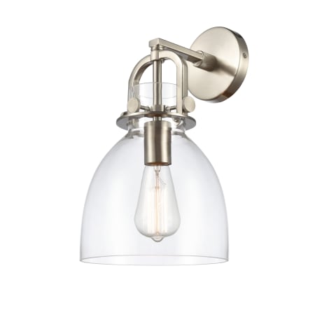 A large image of the Innovations Lighting 410-1W-15-8 Newton Bell Sconce Satin Nickel / Clear