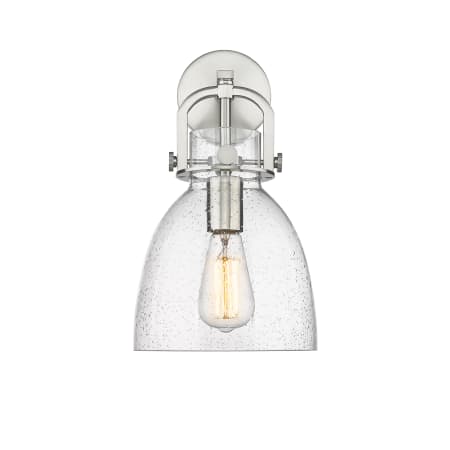 A large image of the Innovations Lighting 410-1W-15-8 Newton Bell Sconce Satin Nickel / Seedy