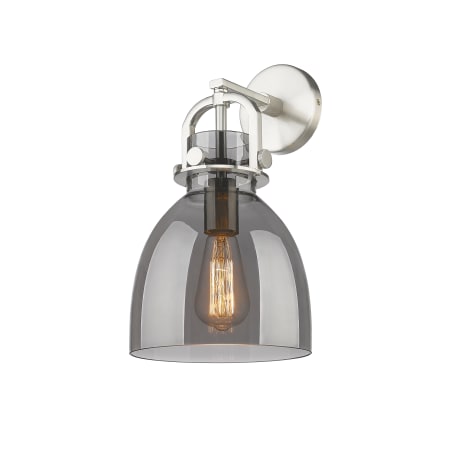 A large image of the Innovations Lighting 410-1W-15-8 Newton Bell Sconce Satin Nickel / Plated Smoke