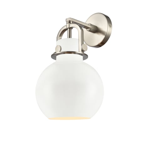 A large image of the Innovations Lighting 410-1W-15-8 Newton Sphere Sconce Satin Nickel