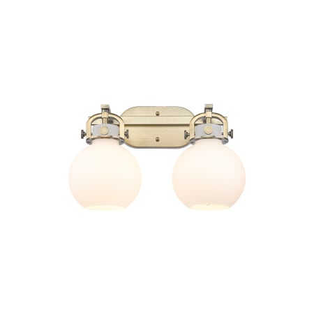 A large image of the Innovations Lighting 410-2W-12-17 Newton Sphere Vanity Brushed Brass / Matte White