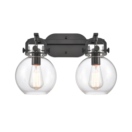 A large image of the Innovations Lighting 410-2W-12-17 Newton Sphere Vanity Matte Black / Clear