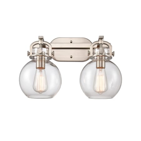 A large image of the Innovations Lighting 410-2W-12-17 Newton Sphere Vanity Satin Nickel / Clear
