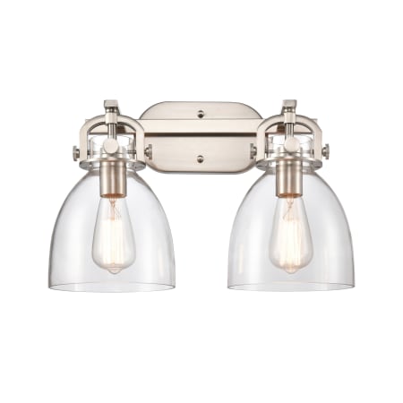 A large image of the Innovations Lighting 410-2W-12-17 Newton Bell Vanity Satin Nickel / Clear