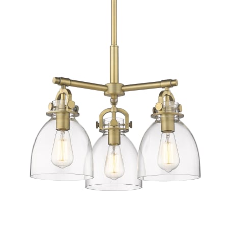 A large image of the Innovations Lighting 410-3CR-16-20 Newton Bell Pendant Brushed Brass / Clear