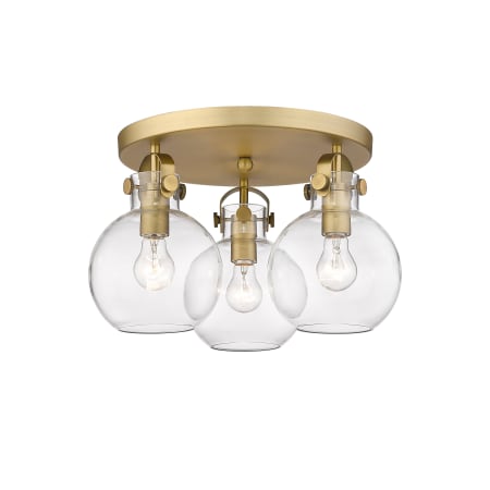 A large image of the Innovations Lighting 410-3F-11-20 Newton Sphere Flush Brushed Brass / Clear