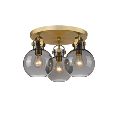 A large image of the Innovations Lighting 410-3F-11-20 Newton Sphere Flush Brushed Brass / Plated Smoke