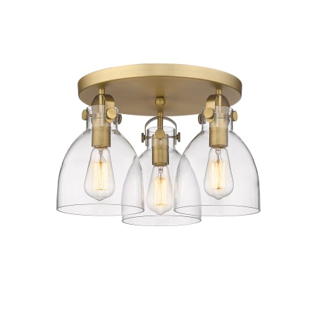 A large image of the Innovations Lighting 410-3F-11-20 Newton Bell Flush Brushed Brass / Clear