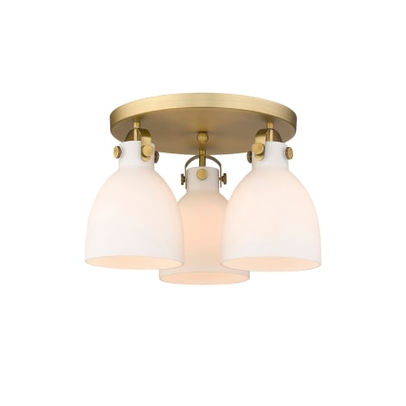 A large image of the Innovations Lighting 410-3F-11-20 Newton Bell Flush Brushed Brass / Matte White