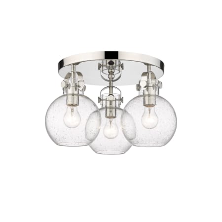 A large image of the Innovations Lighting 410-3F-11-20 Newton Sphere Flush Polished Nickel / Seedy