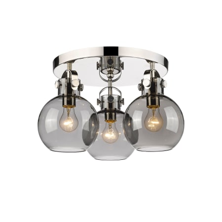 A large image of the Innovations Lighting 410-3F-11-20 Newton Sphere Flush Polished Nickel / Plated Smoke