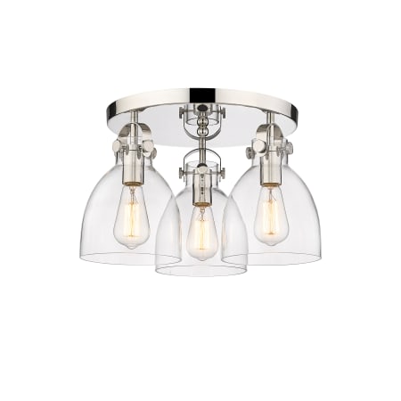 A large image of the Innovations Lighting 410-3F-11-20 Newton Bell Flush Polished Nickel / Clear