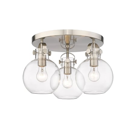 A large image of the Innovations Lighting 410-3F-11-20 Newton Sphere Flush Satin Nickel / Clear