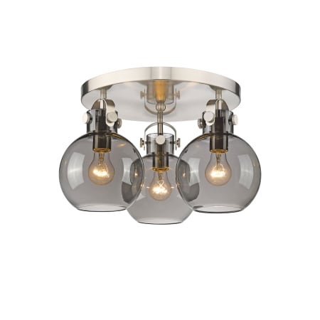A large image of the Innovations Lighting 410-3F-11-20 Newton Sphere Flush Satin Nickel / Plated Smoke