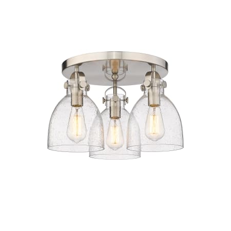 A large image of the Innovations Lighting 410-3F-11-20 Newton Bell Flush Satin Nickel / Seedy