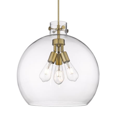 A large image of the Innovations Lighting 410-3PL-18-18 Newton Sphere Pendant Brushed Brass / Clear