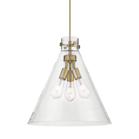 A large image of the Innovations Lighting 410-3PL-20-18 Newton Cone Pendant Brushed Brass / Clear