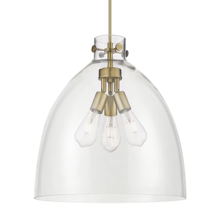 A large image of the Innovations Lighting 410-3PL-20-18 Newton Bell Pendant Brushed Brass / Clear