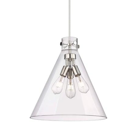 A large image of the Innovations Lighting 410-3PL-21-18 Newton Cone Pendant Polished Nickel / Clear