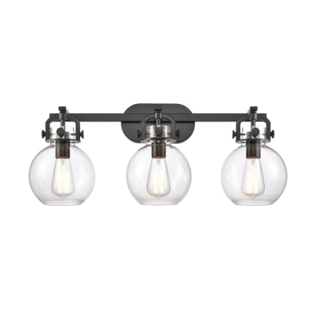 A large image of the Innovations Lighting 410-3W-12-27 Newton Sphere Vanity Matte Black / Clear