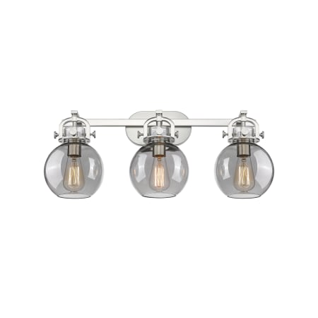 A large image of the Innovations Lighting 410-3W-12-27 Newton Sphere Vanity Satin Nickel / Plated Smoke