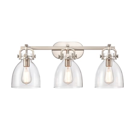 A large image of the Innovations Lighting 410-3W-12-27 Newton Bell Vanity Satin Nickel / Clear