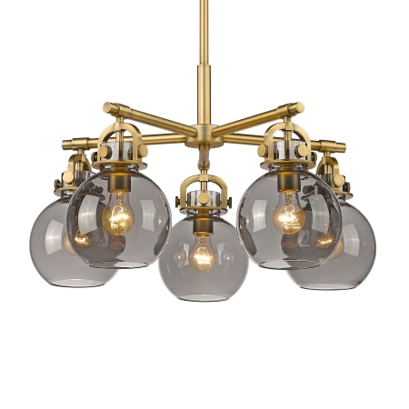 A large image of the Innovations Lighting 410-5CR-16-26 Newton Sphere Chandelier Brushed Brass / Plated Smoke