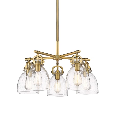 A large image of the Innovations Lighting 410-5CR-16-26 Newton Bell Chandelier Brushed Brass / Seedy