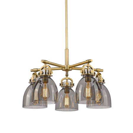 A large image of the Innovations Lighting 410-5CR-16-26 Newton Bell Chandelier Brushed Brass / Plated Smoke