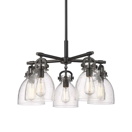 A large image of the Innovations Lighting 410-5CR-16-26 Newton Bell Chandelier Matte Black / Seedy