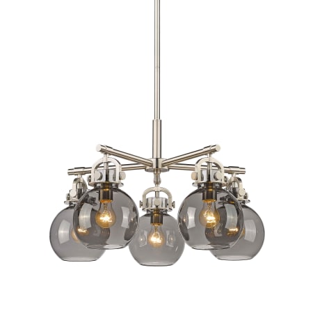 A large image of the Innovations Lighting 410-5CR-16-26 Newton Sphere Chandelier Satin Nickel / Plated Smoke