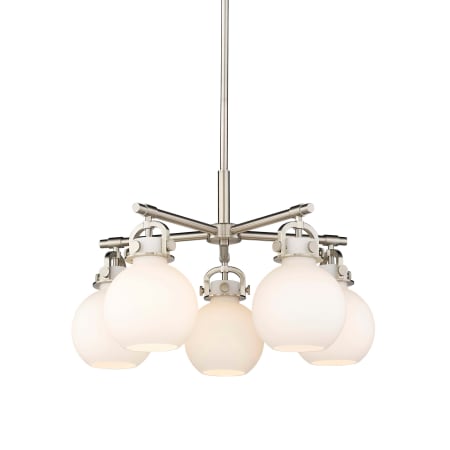 A large image of the Innovations Lighting 410-5CR-16-26 Newton Sphere Chandelier Satin Nickel / Matte White