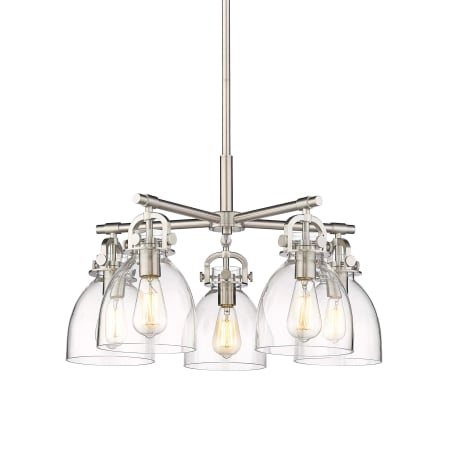 A large image of the Innovations Lighting 410-5CR-16-26 Newton Bell Chandelier Satin Nickel / Clear