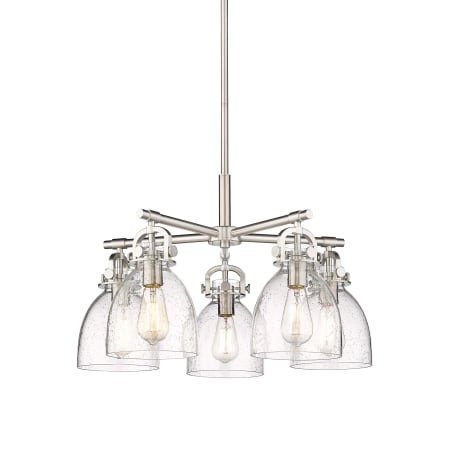 A large image of the Innovations Lighting 410-5CR-16-26 Newton Bell Chandelier Satin Nickel / Seedy