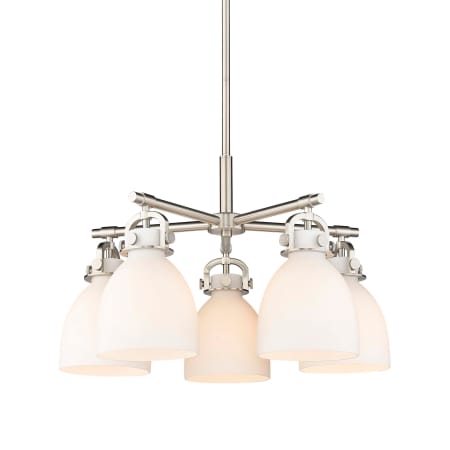 A large image of the Innovations Lighting 410-5CR-16-26 Newton Bell Chandelier Satin Nickel / Matte White