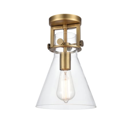 A large image of the Innovations Lighting 411-1F-12-8 Newton Cone Flush Brushed Brass / Clear