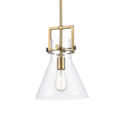 A large image of the Innovations Lighting 411-1SM-14-10 Newton Cone Pendant Brushed Brass / Clear