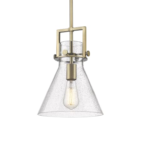 A large image of the Innovations Lighting 411-1SM-14-10 Newton Cone Pendant Brushed Brass / Seedy