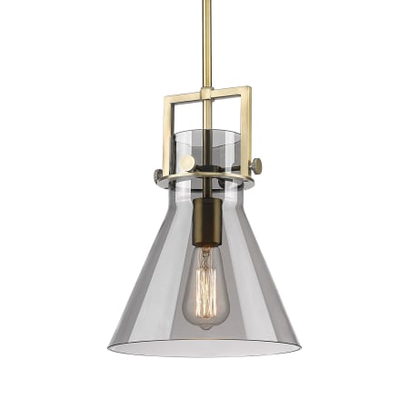 A large image of the Innovations Lighting 411-1SM-14-10 Newton Cone Pendant Brushed Brass / Plated Smoke