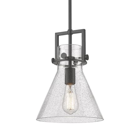 A large image of the Innovations Lighting 411-1SM-14-10 Newton Cone Pendant Matte Black / Seedy