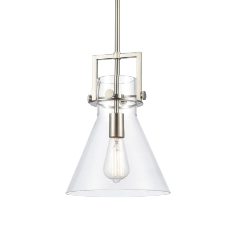 A large image of the Innovations Lighting 411-1SM-14-10 Newton Cone Pendant Satin Nickel / Clear