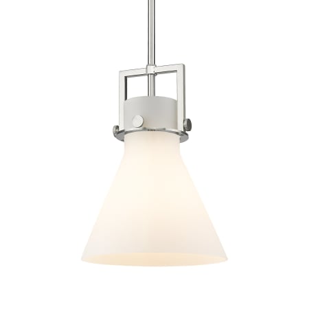 A large image of the Innovations Lighting 411-1SM-14-10 Newton Cone Pendant Satin Nickel / Matte White