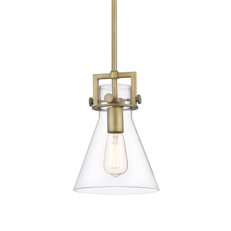 A large image of the Innovations Lighting 411-1SS-11-8 Newton Cone Pendant Brushed Brass / Clear