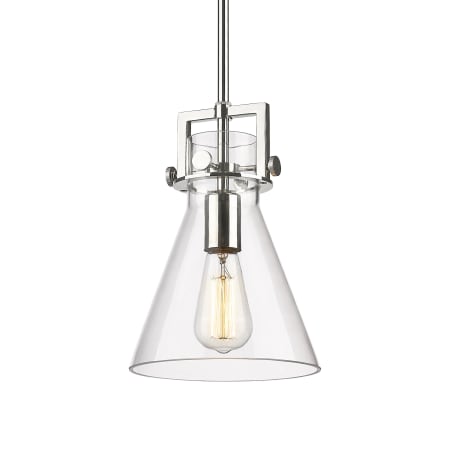 A large image of the Innovations Lighting 411-1SS-11-8 Newton Cone Pendant Polished Nickel / Clear