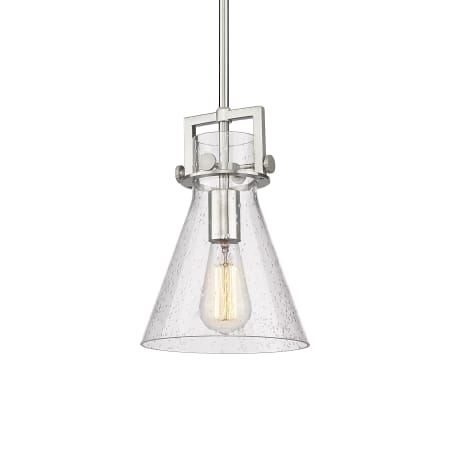 A large image of the Innovations Lighting 411-1SS-11-8 Newton Cone Pendant Satin Nickel / Seedy