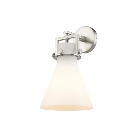 A large image of the Innovations Lighting 411-1W-14-8 Newton Cone Sconce Satin Nickel / Matte White