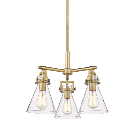 A large image of the Innovations Lighting 411-3CR-16-21 Newton Cone Pendant Brushed Brass / Clear